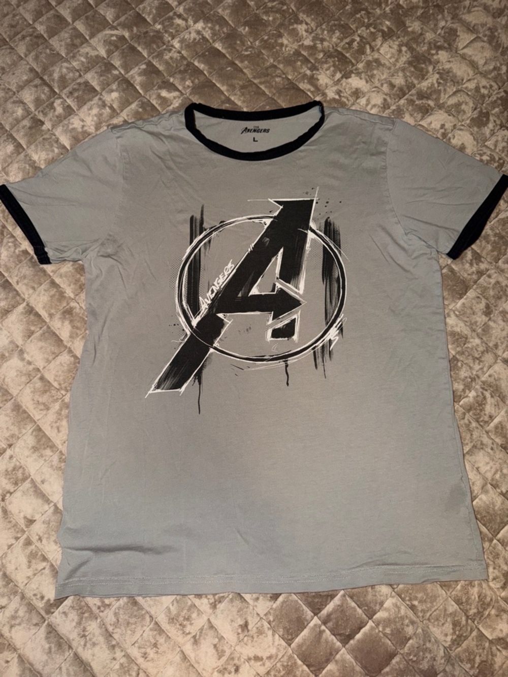 Avenger Light Gray Graphic Ringer Tee with Black Trim